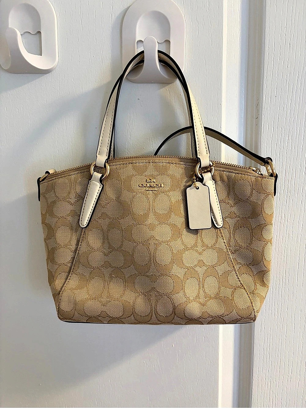Coach Mini Kelsey Satchel in Signature Jacquard Tan & White